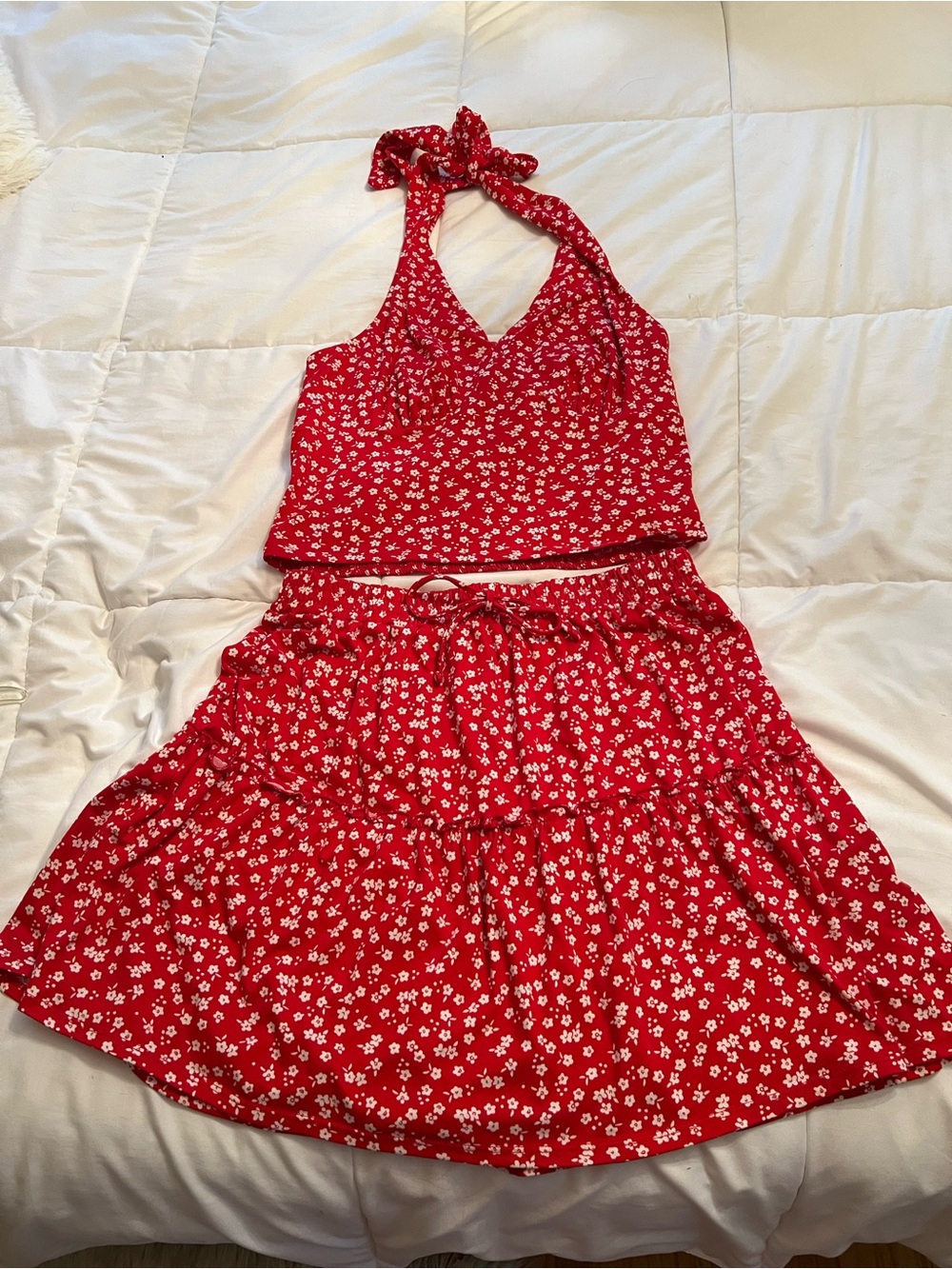 No Boundaries size 11/13 large Red and White Floral crop halter top skirt set